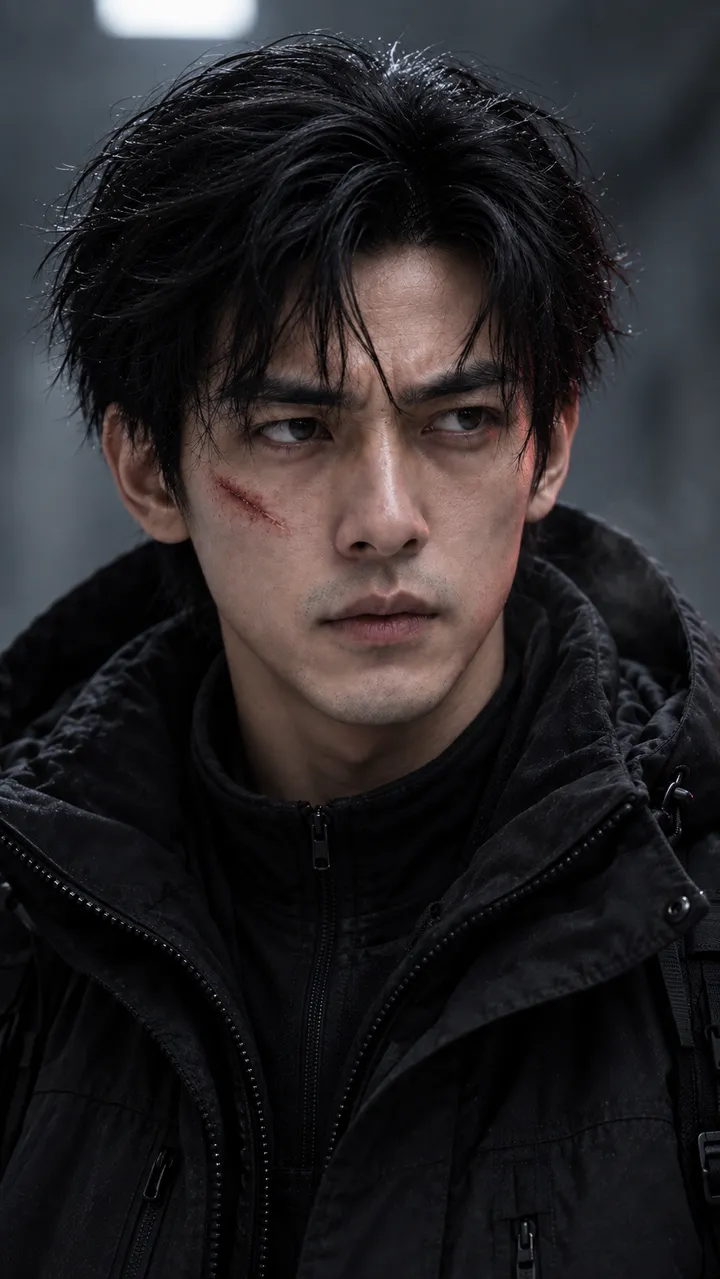 Disobey, AI-assisted music video still (MiniMax H3): close-up of the lead character in a black parka, a fresh scratch on his cheek