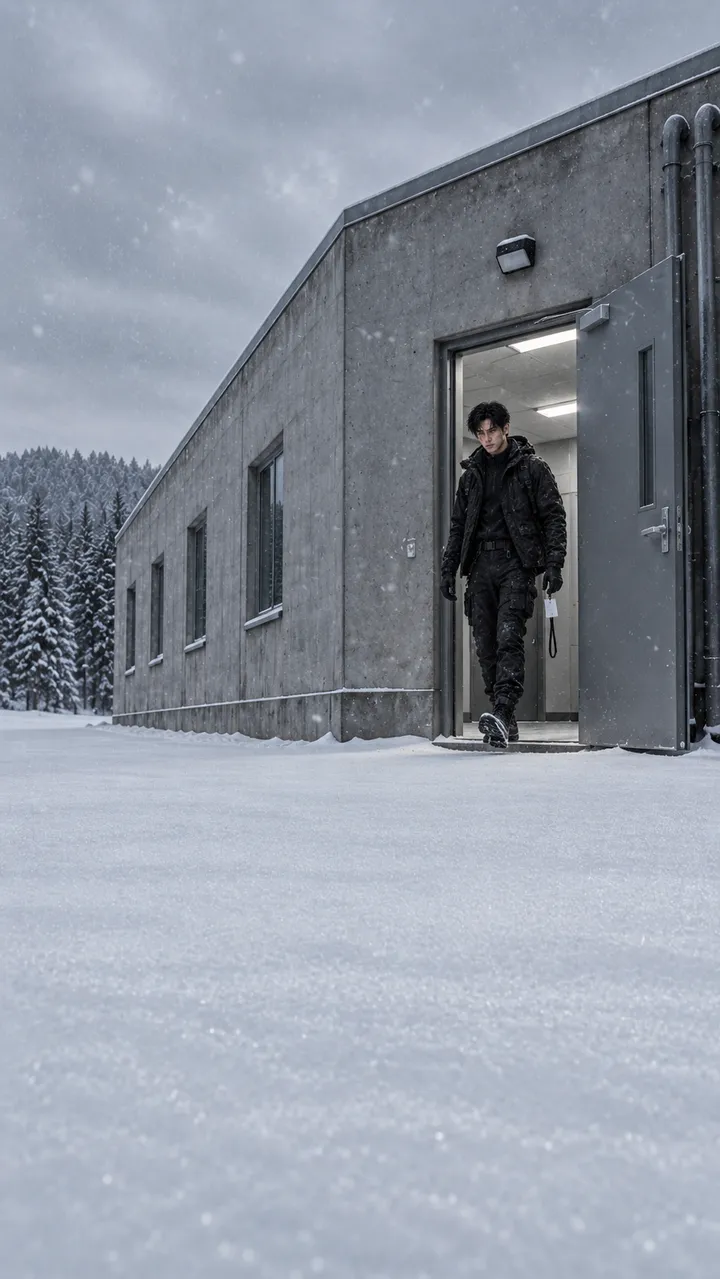 Disobey, AI-assisted music video still (MiniMax H3): the lead steps out of a concrete facility into deep snow