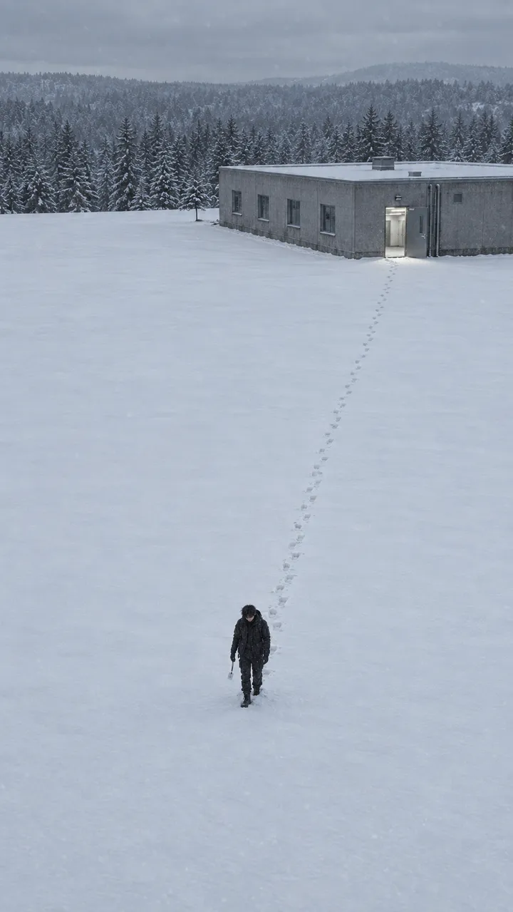 Disobey, AI-assisted music video still (MiniMax H3): a lone figure walks across a snowfield away from the facility